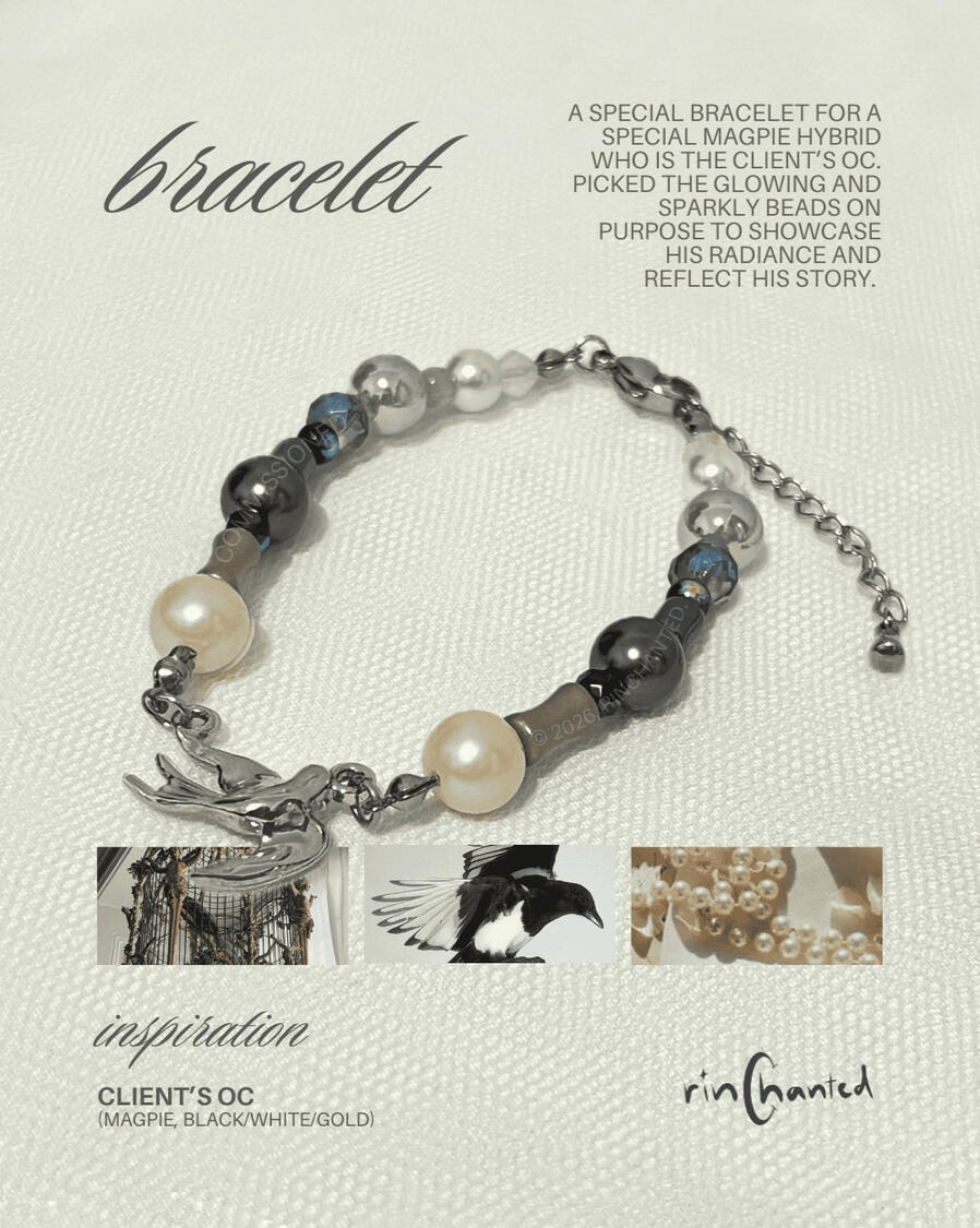 commissioned charm bracelet inspired by Original Character Jieun magpie hybrid commissioned charm bracelet inspired by Original Character Jieun magpie hybrid