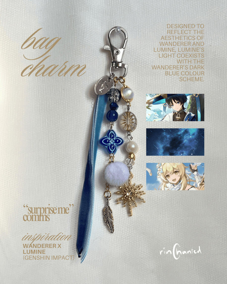 commissioned bag charm inspired by Wanderer and Lumine from Genshin Impact
